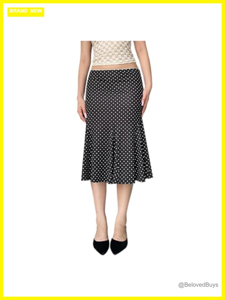 Y2k Polka Dot Midi Skirt Low Waist Flowly Hem Summer Trendy